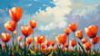 A field of beautiful tulips against a blue sky with beautiful clouds. Painting in the style of abstract oil painting. AI generative illustration.