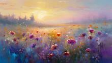 Abstract Art Oil Painting Of Field Flowers. Impressionist Style. AI Generative Image.