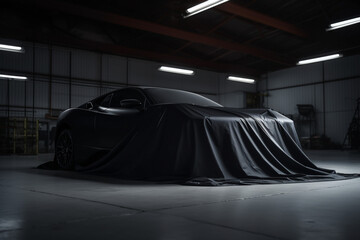 Secret Mystery car prototype presentation covered by fabric, sports car is hidden under cloth, stands in dark garage. Ai generated art