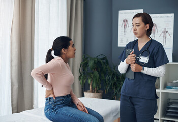 Poster - My back hurts the most. a young female doctor talking to a patient in an office.