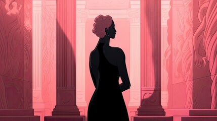 Wall Mural - A figure in front of pink pillars in light black and pink color. Generative Ai.