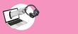 © beast01 - Art collage of digital pop contemporary art. Headphones in hand from a laptop on a pink background. Listen to the podcast.