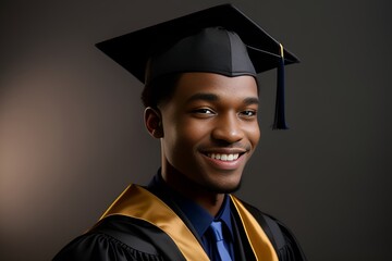 Portrait of young African American smiling male student in hat and gown posing at black background. Successful graduation from university. Concept of education. Generative AI