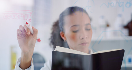 Wall Mural - working hard to create a cure. a young scientist writing notes on a glass wall in a lab.