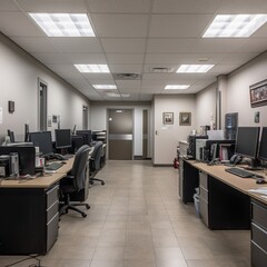 Poster - office building with several workstations. generative AI