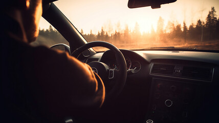 Rally car driver sitting by the steering wheel in the sunset rays concept. Generative Ai