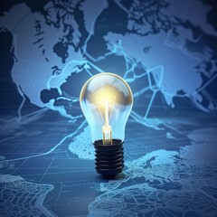 Poster - Idea light bulb glowing and creative success inspiration success concept on a blue map background. generative AI