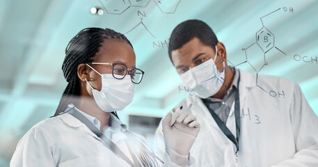 Aufkleber - Testing a new formula. two scientists drawing molecular structures on a glass wall in a lab.