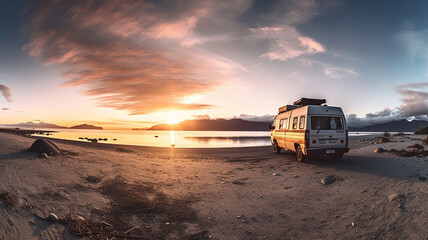 Modern Camper van at sunset on lake. Generative Ai