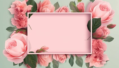 Template for invitation, greeting card, decorated with pink flowers of roses and rectangular frame