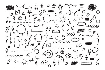 Hand drawn set of simple decorative elements. Various icons such as hearts, stars, speech bubbles, arrows, lines isolated on white background.