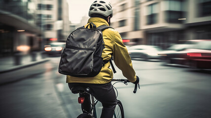 cyclist wearing a jacket riding down a city street. Generative Ai