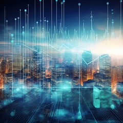 Poster - City skyline, smart city, high-speed connection, digital blue wavy cables at night. generative ai