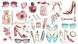 Beauty set with sunglasses, perfume, jewelry, shoes. isolated on white. Watercolor handrawn illustration. Art for design