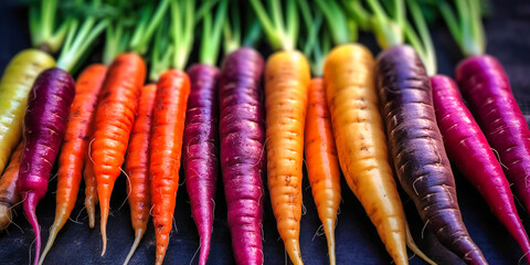 rainbow carrots lined up in an empty garden