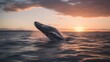 Jumping humpback whale over water on sunset background. Generative AI