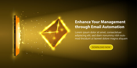 Poster - A flying letter alongside an abstract golden mobile phone. Email automation with a golden neon flair. Futuristic sending or receiving email concept with glowing smartphone and envelope. Vector.