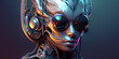 crazy female cyborg portrait with metallic cybernetic ornaments and sunglasses, fictional person created with generative ai