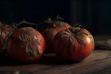 Rotten Tomatoes On A Wooden Table. Dim Studio Light. Generate AI.