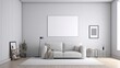 © Aga Bak - Interior of modern living room with white sofa and mock up poster on wall. 3D rendering