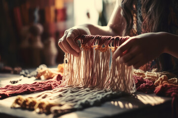 Close-up of a woman artisan knitting a wool scarf, generative ai