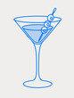Martini cocktail with a skewer of olives. Line art, retro. Vector illustration for bars, cafes, and restaurants.