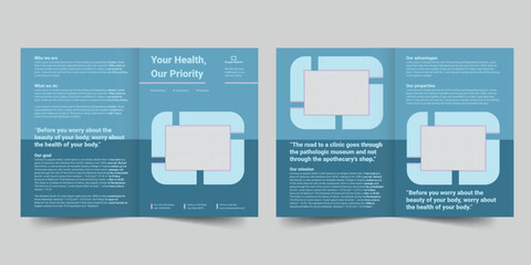 Wall Mural - Clinic bifold brochure template. A clean, modern, and high-quality design bifold brochure vector design. Editable and customize template brochure