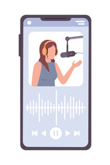 Fototapete - Playing podcast episode on smartphone semi flat color vector device screen. Editable icon. Full sized element on white. Simple cartoon style spot illustration for web graphic design and animation