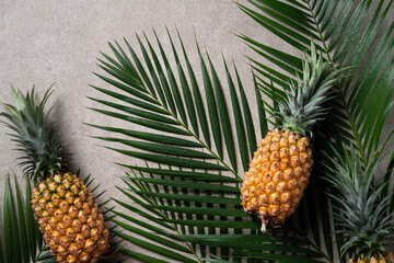  Fresh pineapple with tropical leaves on gray background.