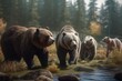 A detailed illustration of a group of mammals, such as bears or wolves, in their natural environment, Generative AI