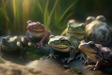 A Detailed Illustration Of A Group Of Amphibians, Such As Frogs Or Toads, In Their Natural Habitat, Generative AI