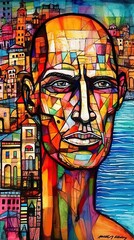  depicting a person with colorful cityscapes