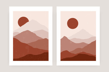 Wall Mural - abstract mountain landscape posters. contemporary nature sun moon art print, boho minimalist wall de