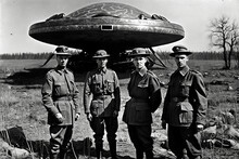 WWII Soldiers Standing Next To A UFO. Generative AI Illustration