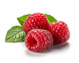 Fototapeta  - Macro shot of a fresh delicious ideal  raspberry, with green leaves, isolated on a white background, photorealism, minimalism, food photography