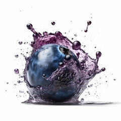 Poster - macro shot of a fresh delicious ideal exploding juicy blueberry,  with splashes of water and juice around, isolated on a white background, photorealism