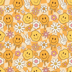 Wall Mural - melted smiley faces and flowers, groovy seamless pattern. retro hippie psychedelic style vector wall