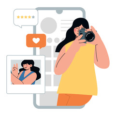 Wall Mural - Social media screen with girl making photo, posts and messages. Flat vector minimalist illustration with different devices and network 