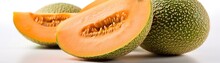Cantaloupes With Droplets Standing On White Background Wide Panoramic. Generative AI