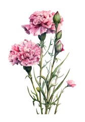 Wall Mural - Watercolor illustration of a bouquet of pink carnations isolated on white background. Generative AI.