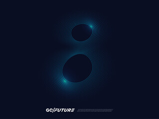 Creative technology digital number typography eight, eighth, 8th, 8 font. Modern futuristic blue lines and light effect on the dark background for ai logo, big data, new year poster, anniversary type…
