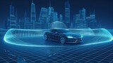 Fototapeta Przestrzenne - Future technology, such as digital metaverse automobiles, futuristic buildings, and virtual reality. GENERATE AI