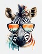 Watercolor Zebra with Sun Glasses Illustration Isolated on White Background. Colorful Digital Animal Art