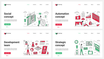 Wall Mural - Development of company strategy, process automation, work of development team set vector illustration. Cartoon tiny people working on planning optimization, research analytics and social resources