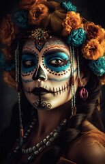 Portrait of Fictional person, Mexican Day of the Dead make-up, El Dia de Muertos, created with Generative AI