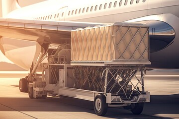 Close-up detail view of cargo cart trolley full with commercial parcels against turboprop cargo plane. Air mail shipping and logistics. Import export operations created with Generative AI technology