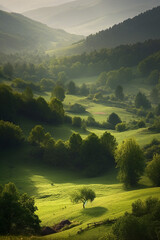 Wall Mural - Layers of trees and green valleys generative AI