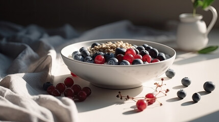 healthy breakfast concept. a bowl of blueberries and raspberries. Generative AI