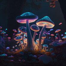 Night Forest Full Of Big Mushrooms