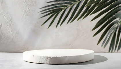  beauty treatment product display skincare, modern white round stone podium, tropical palm tree in sunlight on texture concrete background for luxury organic cosmetic, tree